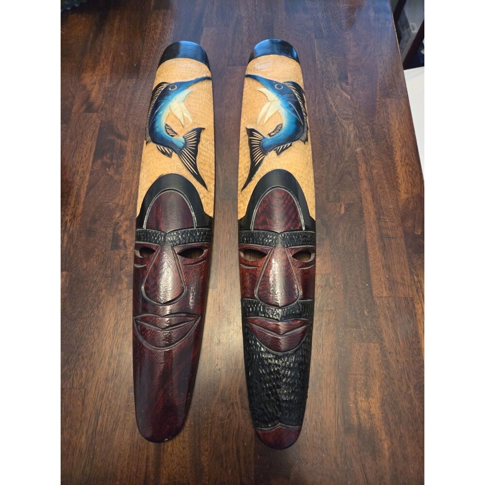 Jamaican Marlin Hand Carved and Painted Wood Masks (Set) 23" x 5 3/4"
